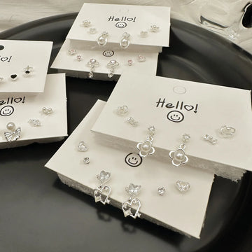 DAIIIBABYYY  -  Silver Plated Needle Luxury Stud Earrings Set for Women Fashion Rhinestone Heart Pearl Bow Star Earring Wedding Jewelry